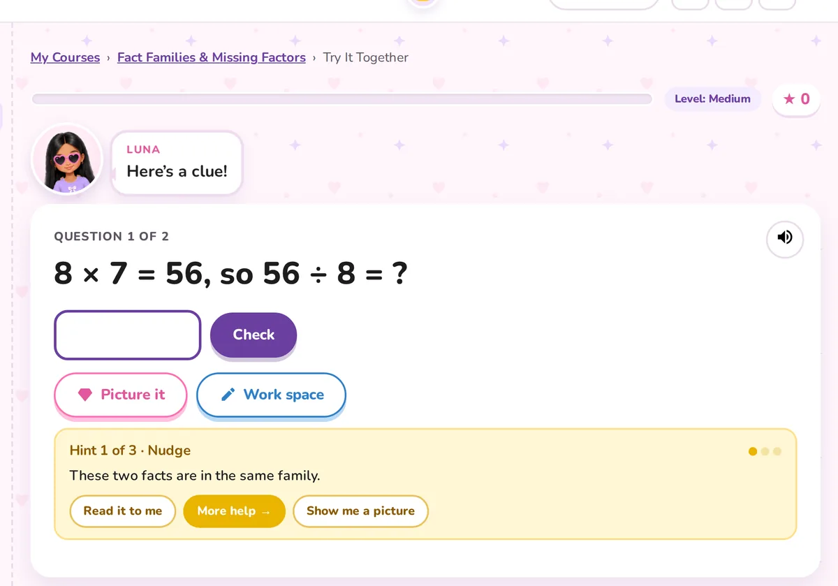 A practice question with a Nudge hint and buttons to read it aloud, get more help, or show a picture