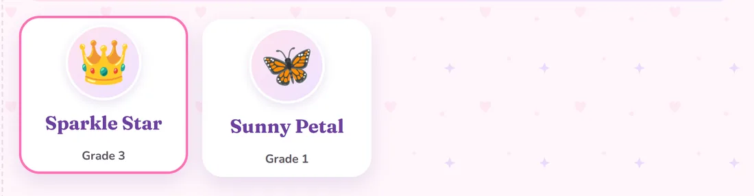 Who's learning? screen with two nickname cards: Sparkle Star, Grade 3, and Sunny Petal, Grade 1