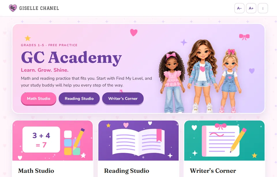 The Kempbell Academy home screen with Math Studio, Reading Studio and Writer's Corner
